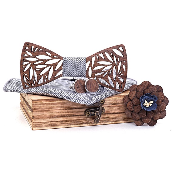 Other - Handmade Wood Butterfly Bow Tie Cufflinks Blue Pocket Square & Boutonnière Set